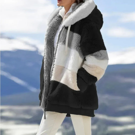 Women's Jacket in Fleece – Oversized Fit – Hood – Zipper – Panel Details