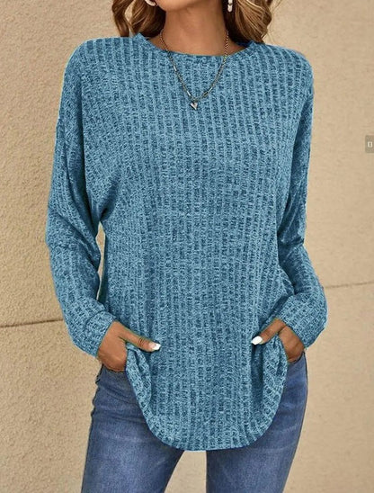 Women's Long-Sleeve Top – Relaxed Fit – Ribbed Knit – Hip-Length Everyday Use