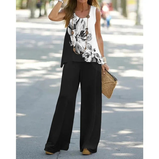 Women's Set with Sleeveless Top and Wide Pants – Relaxed Fit – Breathable Fabric