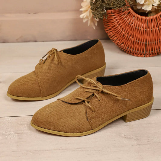 Women's Shoes with Laces – Pointed Toe – Textured Surface – Low Block Heel – Ankle Length