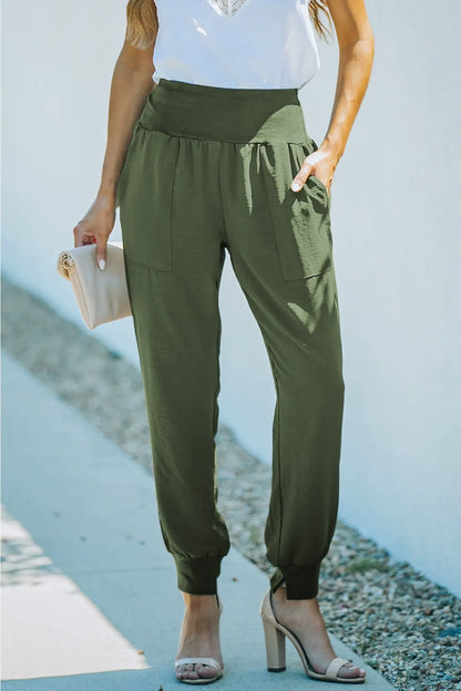 Women's Pants – High Waist – Tapered Fit – Elastic Waistband – Ribbed Ankles – Breathable Fabric – With Pockets
