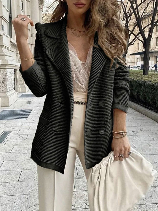 Women's Jacket Coat – Tailored Fit – Ribbed Texture – Double-Breasted – Collar