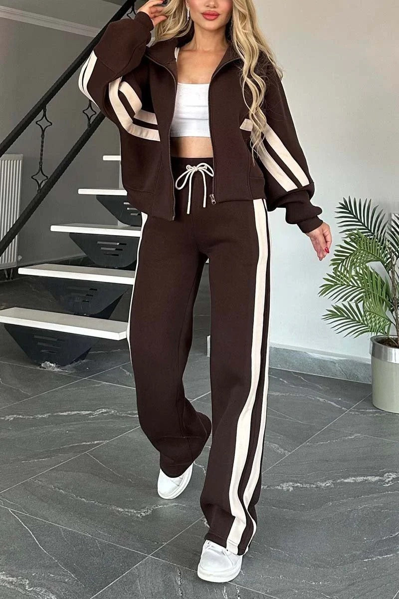 Women's Zipper Jacket – Relaxed Fit – Cotton Blend – Striped Sleeves – Casual