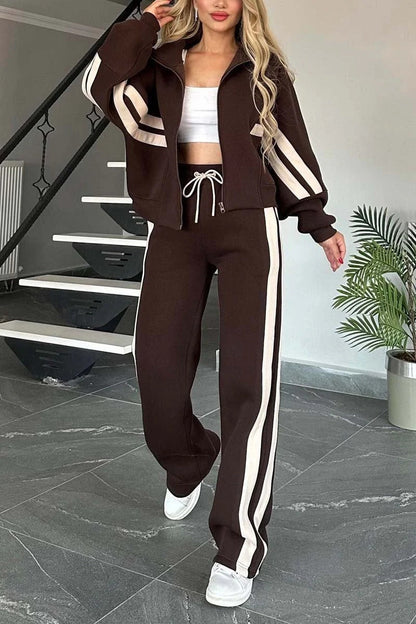 Women's Zipper Jacket – Relaxed Fit – Cotton Blend – Striped Sleeves – Casual