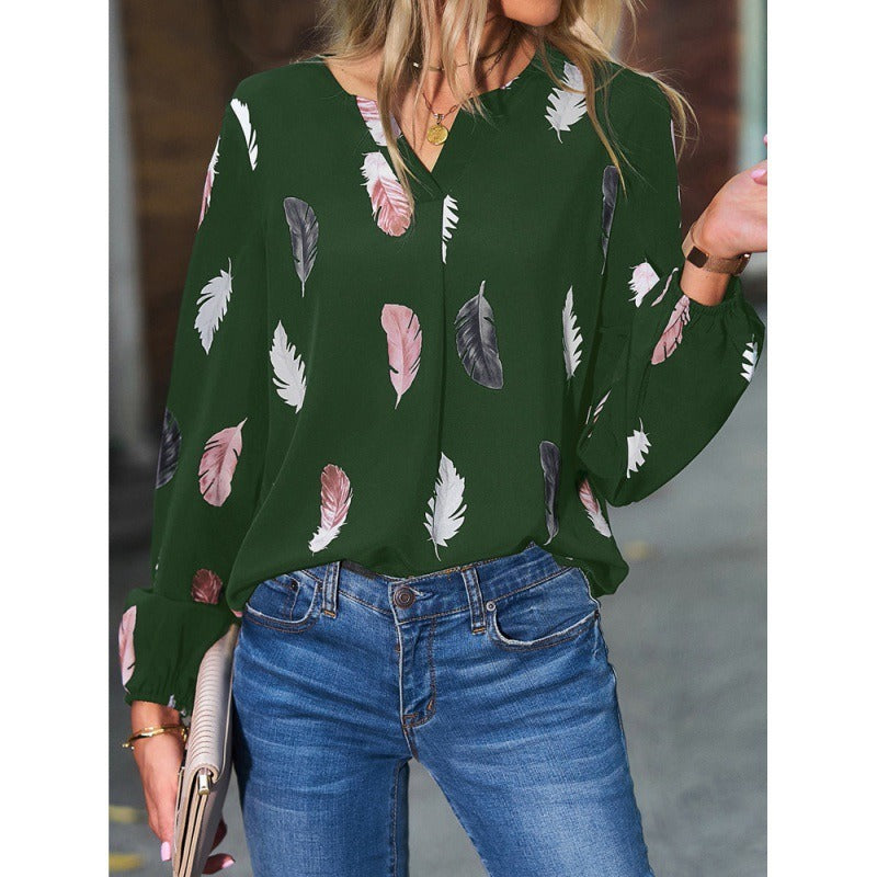 Women's Long-Sleeve T-Shirt – V-Neck – Relaxed Fit – Soft Feather Print Design