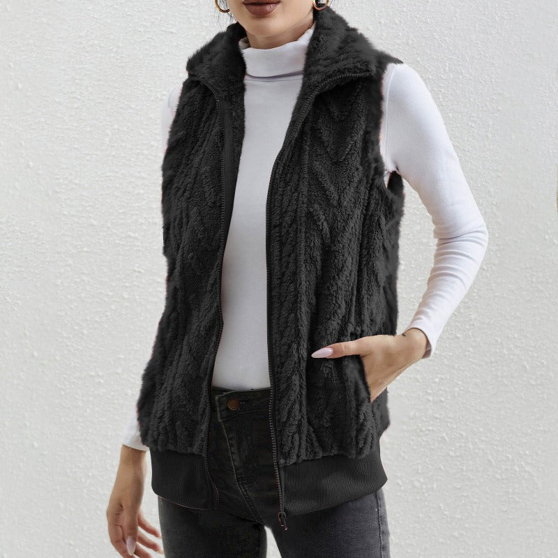 Women's Vest without Sleeves – Jacquard Fleece – Zipper – High Collar – Relaxed Fit