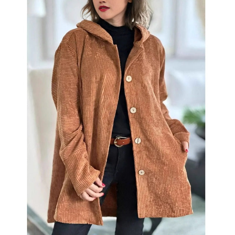 Women's Jacket – Corduroy – Loose Fit – Hood – Knee-Length with Buttons
