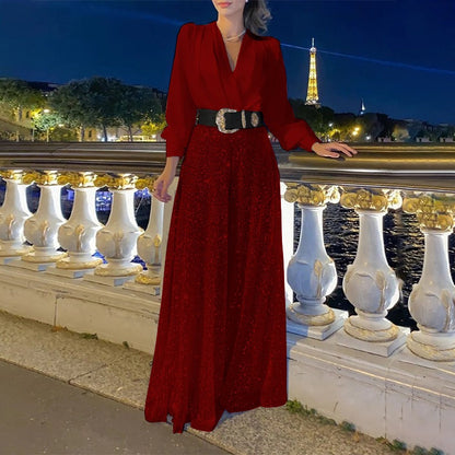 Dress woman – V-neck – Long sleeves – Fitted fit – Glittering maxi length