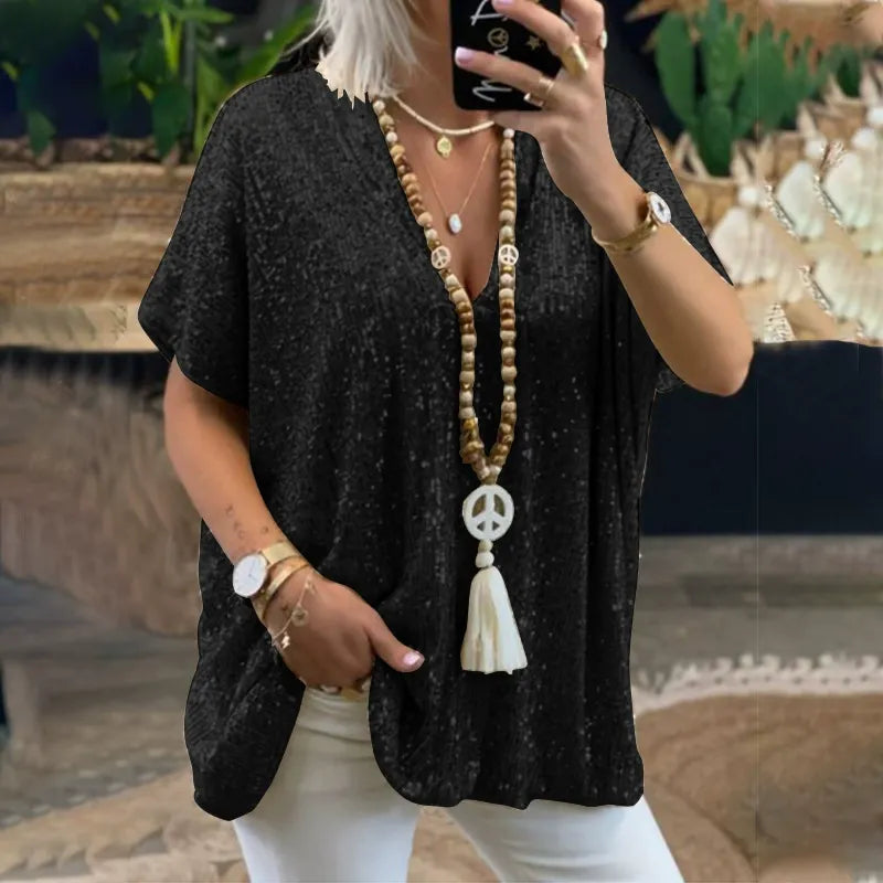 Women's T-shirt – V-neck – Relaxed fit – Sequin embellished – Short sleeve