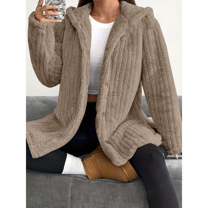 Women's Coat – Oversized Fit – Hood – Ribbed Texture – Soft Teddy Lining – Buttoning