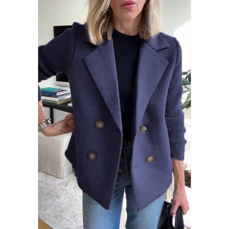 Women's Wool Coat – Tailored Fit – Double-Breasted – Ribbed Sleeves – Lapels