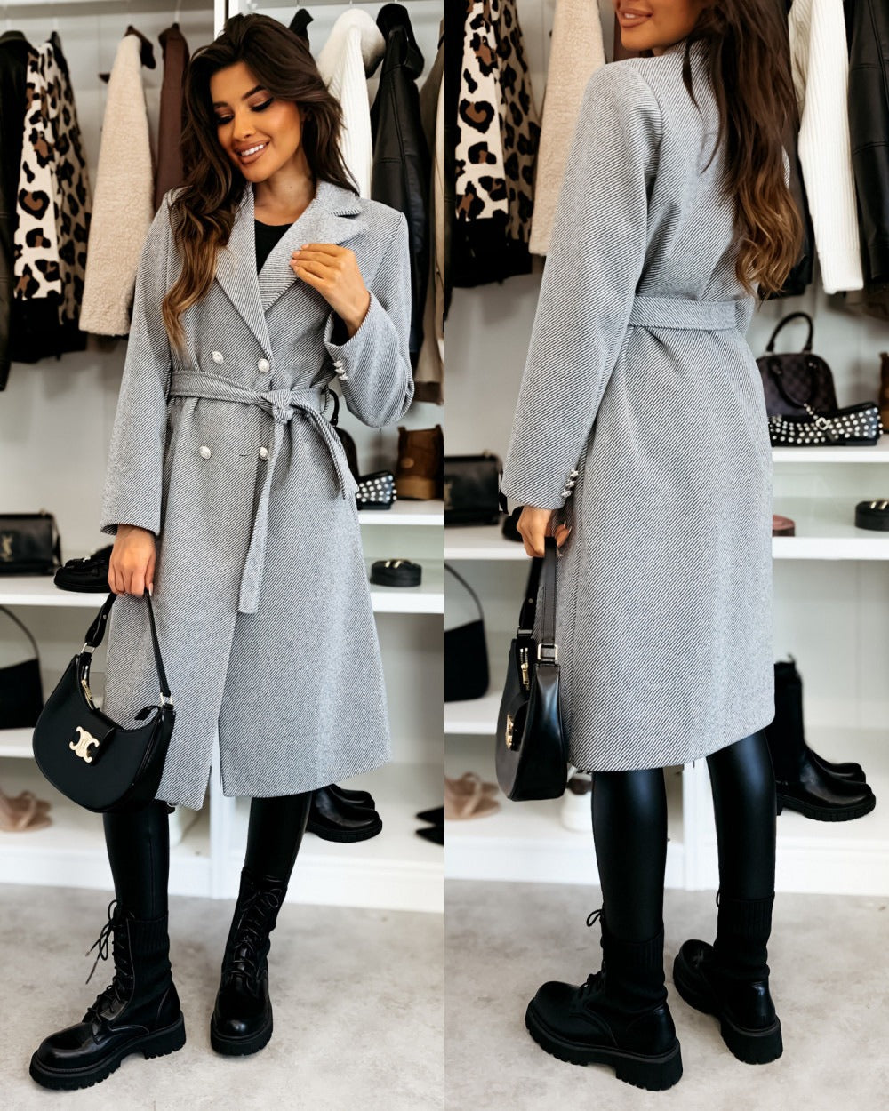 Women's Wool Coat – Double-Breasted – Belt at the Waist – Tailored Knee Length