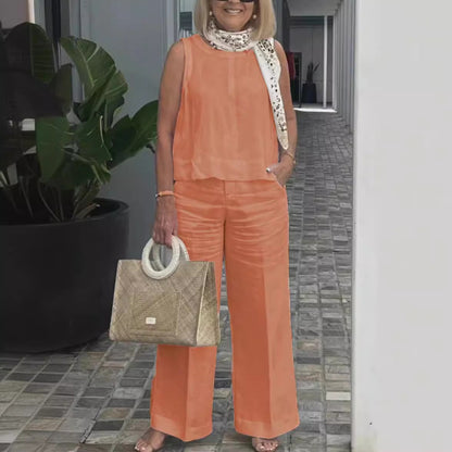 Women's Set – Sleeveless Top and Wide Pants – Linen Cotton – Relaxed Fit