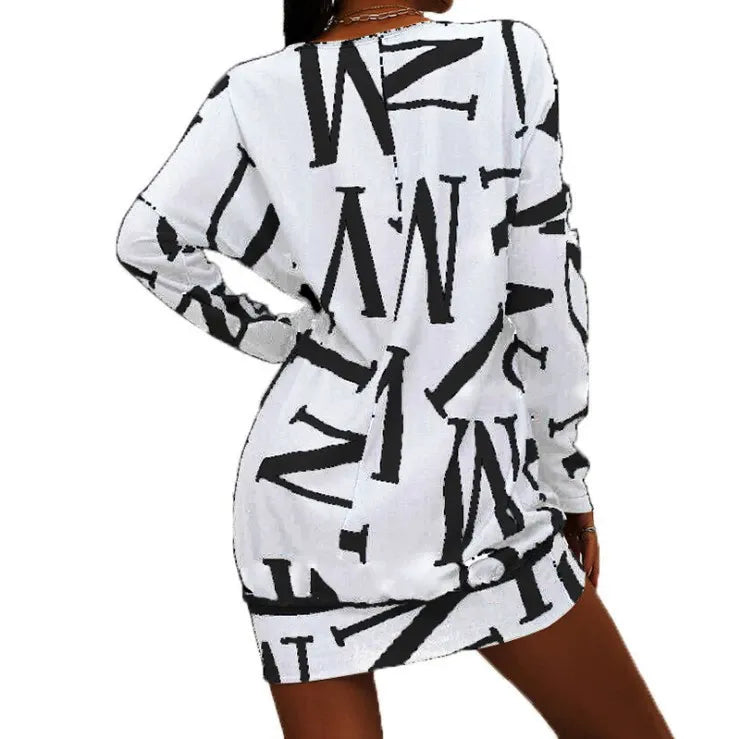 Dress for Women – Mini Length – Relaxed Fit – Long Sleeves – Letter Pattern