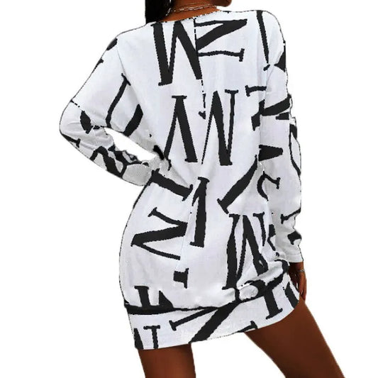 Dress for Women – Mini Length – Relaxed Fit – Long Sleeves – Letter Pattern