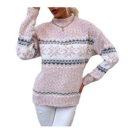 Women's Sweater – Wool Knit – Relaxed Fit – Snowflake Pattern – High Neck
