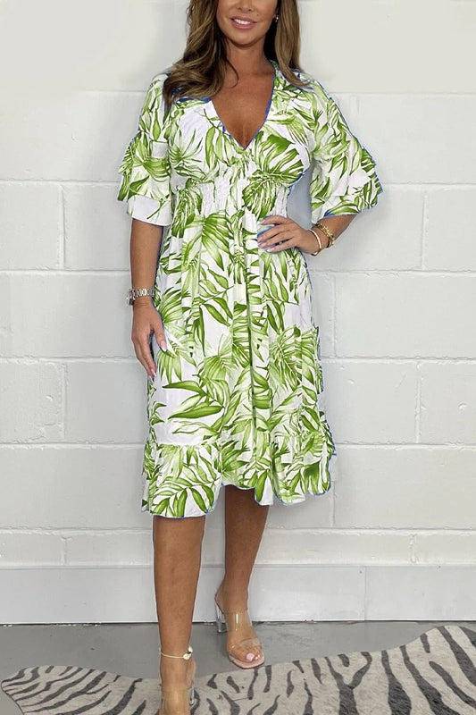 Dress for Women – Midi Length – Loose Fit – High Waist – Floral Print – V-Neck – Ruffle Sleeves
