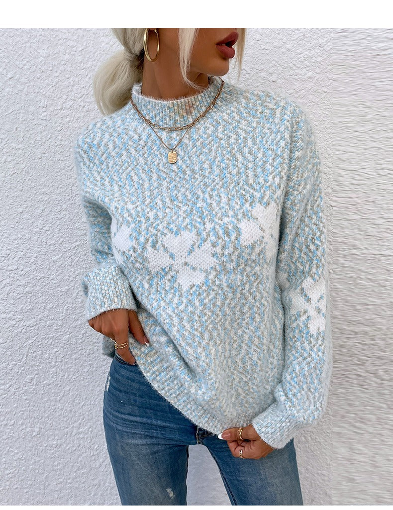 Women's Sweater – Wool Knit – Relaxed Fit – High Neck – Long Sleeves – Patterned