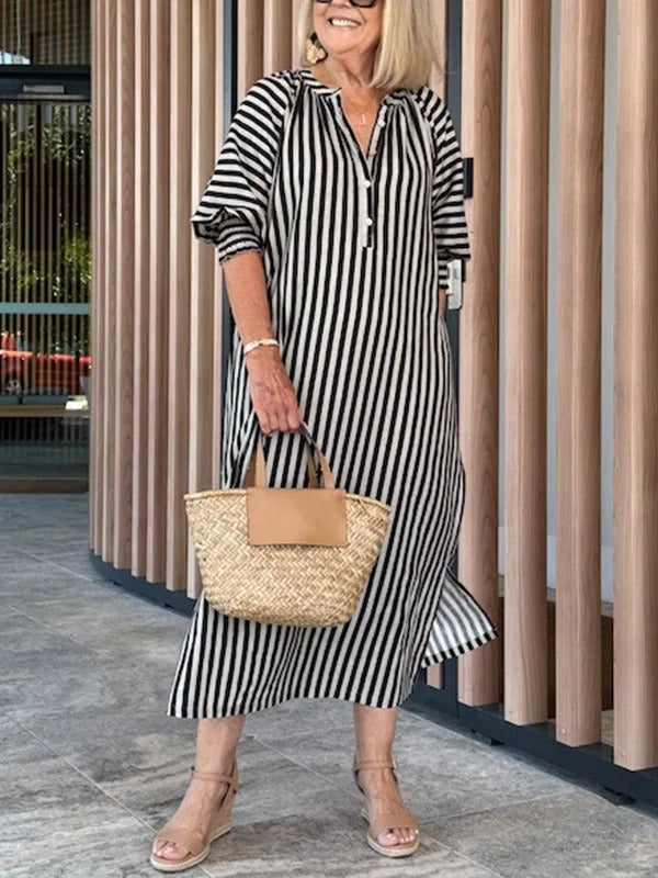 Dress woman – Midi length – Striped – V-neck – Ruffle sleeves – Relaxed fit – Cotton blend