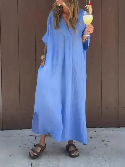 Women's Maxi Dress – Cotton – Loose Fit – V-neck – Short Sleeves with Pockets