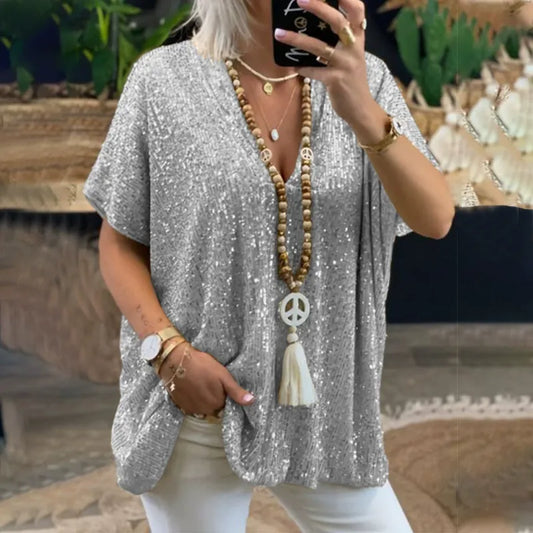 Women's T-shirt – V-neck – Relaxed fit – Sequin embellished – Short sleeve