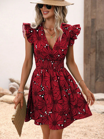 Dress for Women – A-line Fit – V-neck – Floral Pattern – Sleeveless with Ruffle