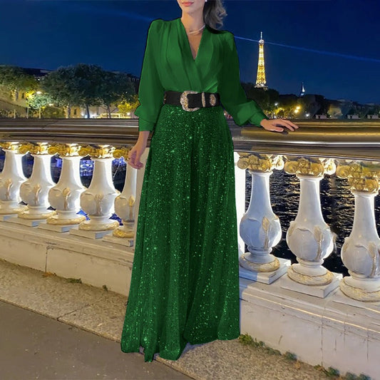 Dress woman – V-neck – Long sleeves – Fitted fit – Glittering maxi length