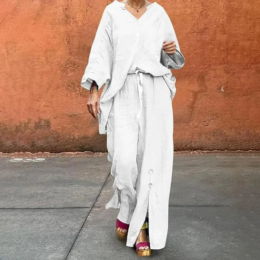Women's Set with Cardigan and Wide Pants – Relaxed Fit – V-neck – Soft Cotton Blend