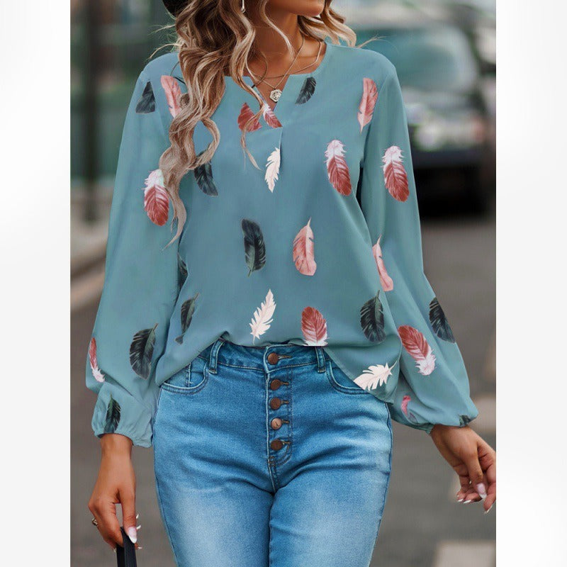 Women's Long-Sleeve T-Shirt – V-Neck – Relaxed Fit – Soft Feather Print Design