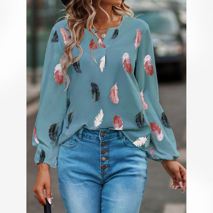 Women's Long-Sleeve T-Shirt – V-Neck – Relaxed Fit – Soft Feather Print Design