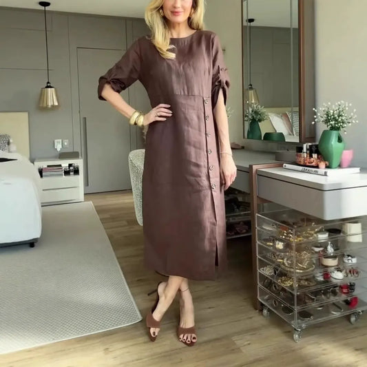 Women's Midi Dress – Relaxed Fit – Linen Cotton – Short Sleeves – Side Buttons