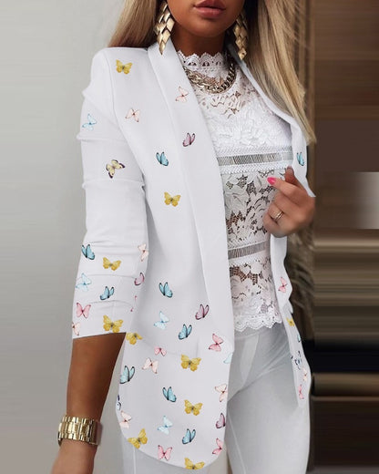 Women's Blazer – Slim Fit – Butterfly Pattern – Notch Lapel – Ruched Sleeves