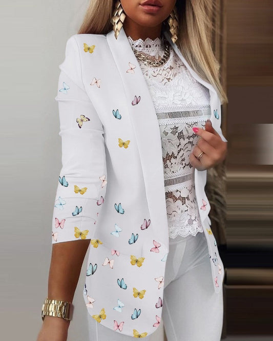 Women's Blazer – Slim Fit – Butterfly Pattern – Notch Lapel – Ruched Sleeves