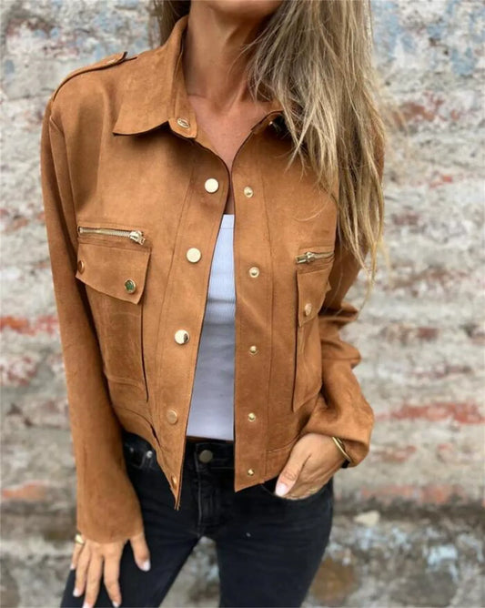 Women's Jacket – Suede Texture – Structured Fit – Zipper Pockets – Short Length