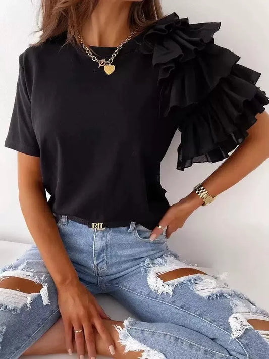 Women's T-shirt – Cotton Blend – Asymmetric Ruffle – Short Sleeve – Relaxed Fit