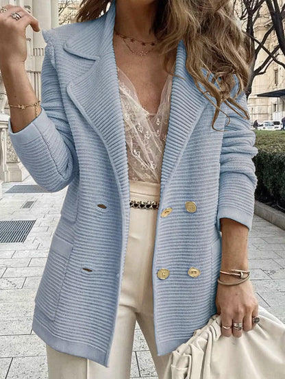 Women's Jacket Coat – Tailored Fit – Ribbed Texture – Double-Breasted – Collar