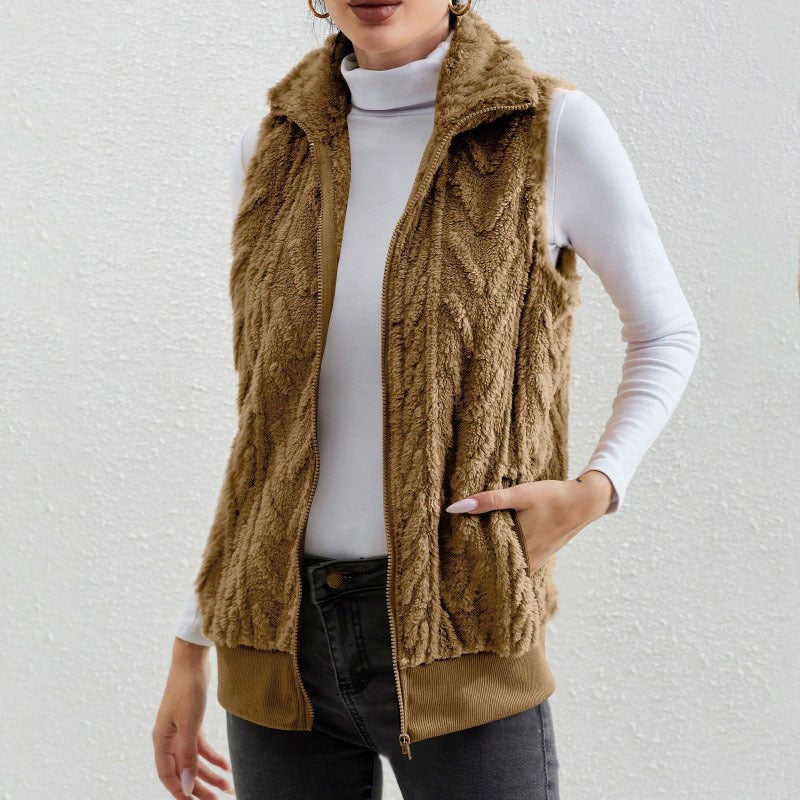 Women's Vest without Sleeves – Jacquard Fleece – Zipper – High Collar – Relaxed Fit