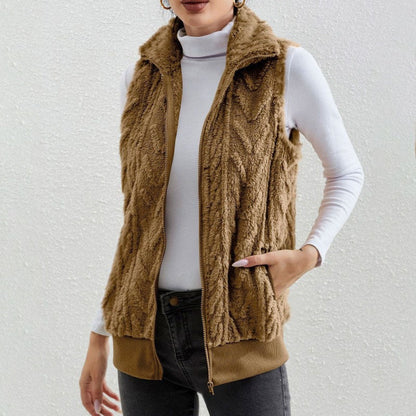 Women's Vest without Sleeves – Jacquard Fleece – Zipper – High Collar – Relaxed Fit