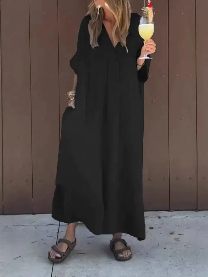 Women's Maxi Dress – Cotton – Loose Fit – V-neck – Short Sleeves with Pockets