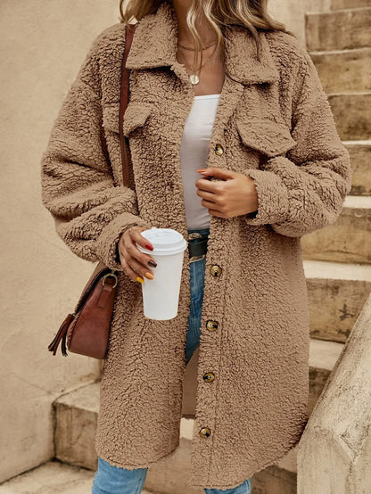 Women's Coat – Oversized Fit – Soft Texture – Knee Length – Flap Chest Pockets