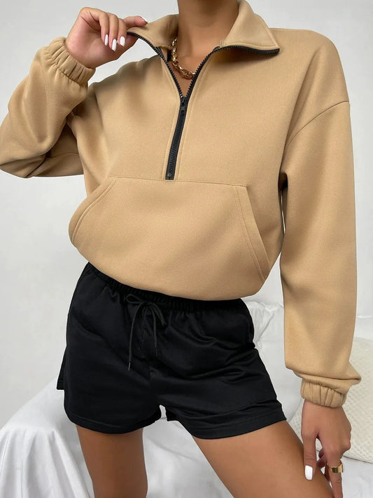 Women's Sweater – Loose Fit – Fleece Lined – High Neck with Zipper – Kangaroo Pocket