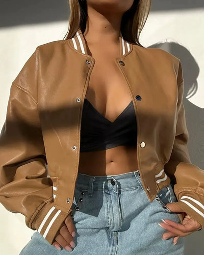 Women's Leather Jacket – Short Model – Structural Fit – Snap Button – Ribbed Edge