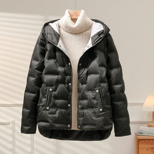 Women’s Jacket - Quilted - Woven Fabric - Attached Hood - Snap Button Closure