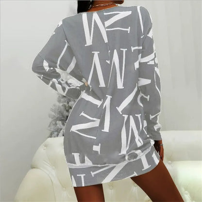 Dress for Women – Mini Length – Relaxed Fit – Long Sleeves – Letter Pattern