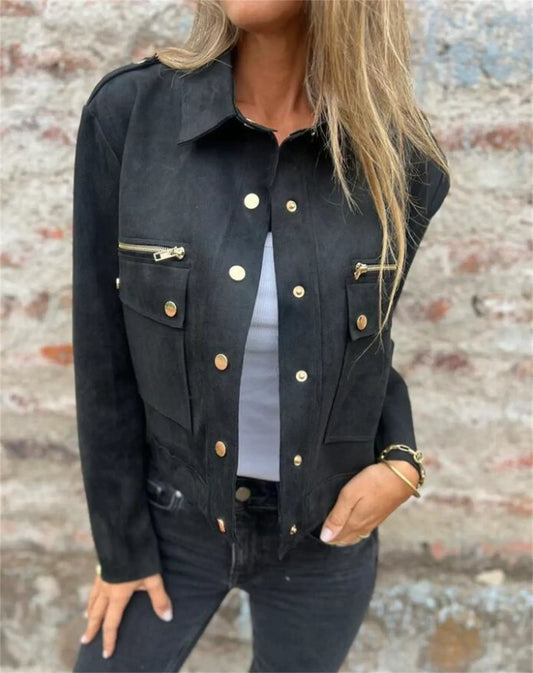 Women's Jacket – Suede – Tailored Fit – Zipper and Button Details – Long-Sleeved