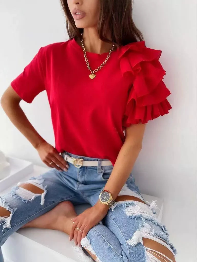 Women's T-shirt – Cotton Blend – Asymmetric Ruffle – Short Sleeve – Relaxed Fit