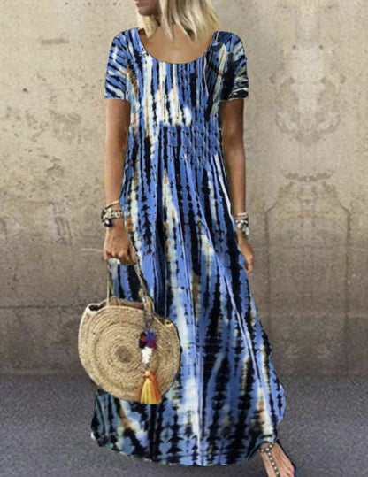 Women's Maxi Dress – Tie-Dye Pattern – Loose Fit – Short Sleeve – Breathable Cotton