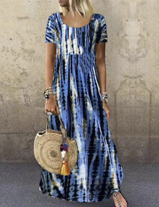 Women's Maxi Dress – Tie-Dye Pattern – Loose Fit – Short Sleeve – Breathable Cotton