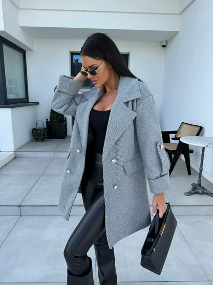Women's Wool Coat – H-line Fit – Double-breasted – Blazer Collar – Knee-length Model