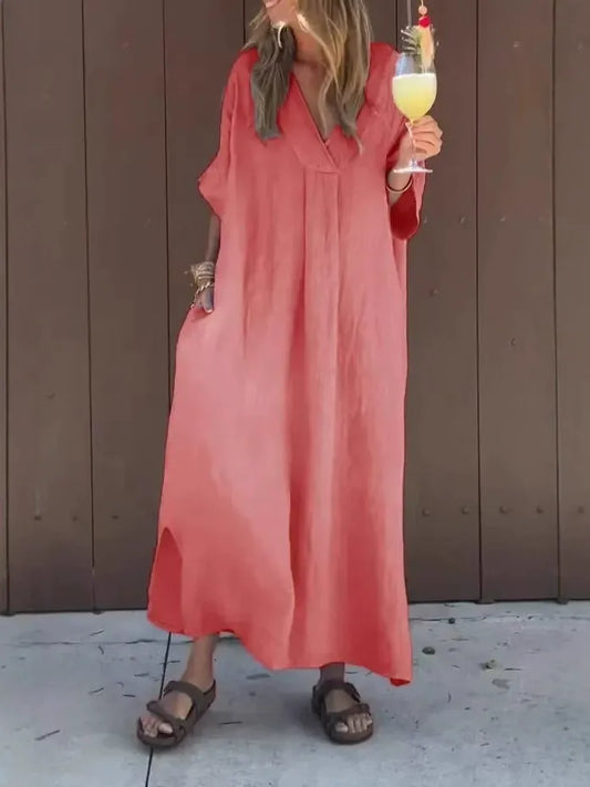 Women's Maxi Dress – Cotton – Loose Fit – V-neck – Short Sleeves with Pockets